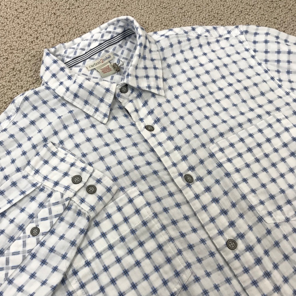 Carbon2Cobalt Mens‎ Medium White Blue Grid Check Long Sleeve Button Shirt